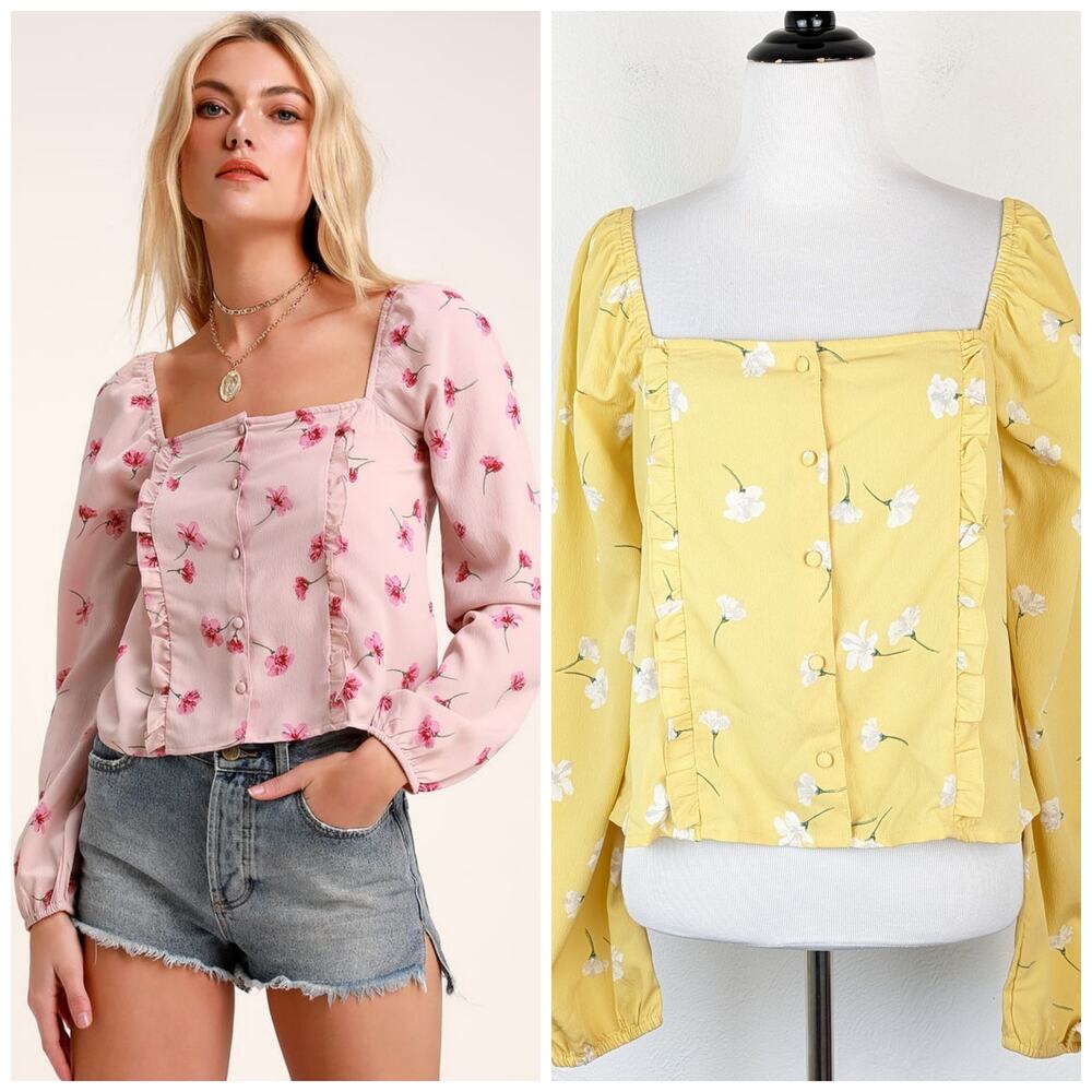 Amuse Society Top Rosalina Floral Ruffle Crop Cottagecore Boho Yellow Size M